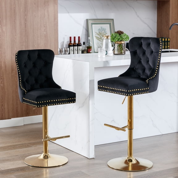 Bar Stools Set of 2, Adjustable Swivel Bar Stools, Velvet Upholstered Dining Chair Set with Button Tufted & Nailheads Trim, Bar Height Stool with Back & Footrest, Black & Gold