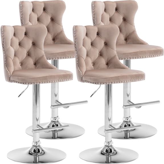 Paproos Bar Stools Set of 4, 360° Velvet Swivel Barstools with Tufted Backrest, Chrome Base, Adjustable Seat Height from 25-33 inch, Counter Height Bar Chairs for Home Pub, Kitchen Island, Khaki