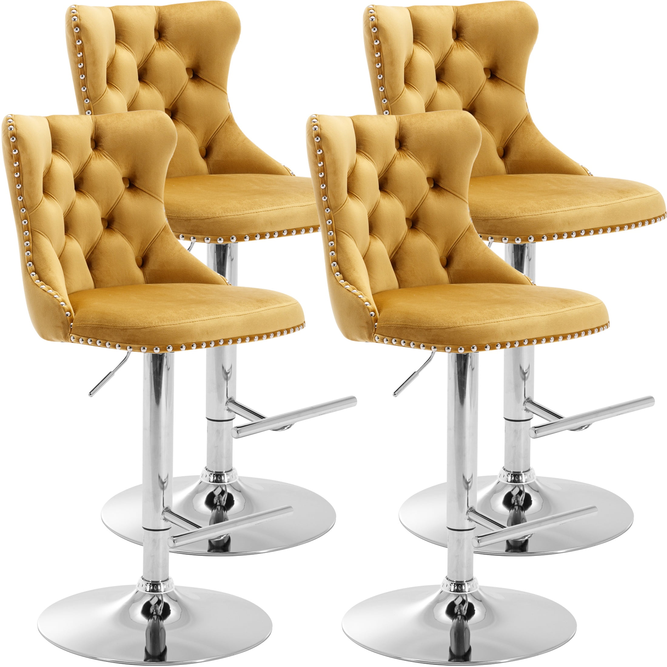 PAPROOS Bar Stools Set of 4, 360°Velvet Swivel Barstools with Backs, Chrome Base, Adjustable Seat Height from 25-33 inch, Counter Height Bar Chairs for Kitchen Island, Home Bar, Gold