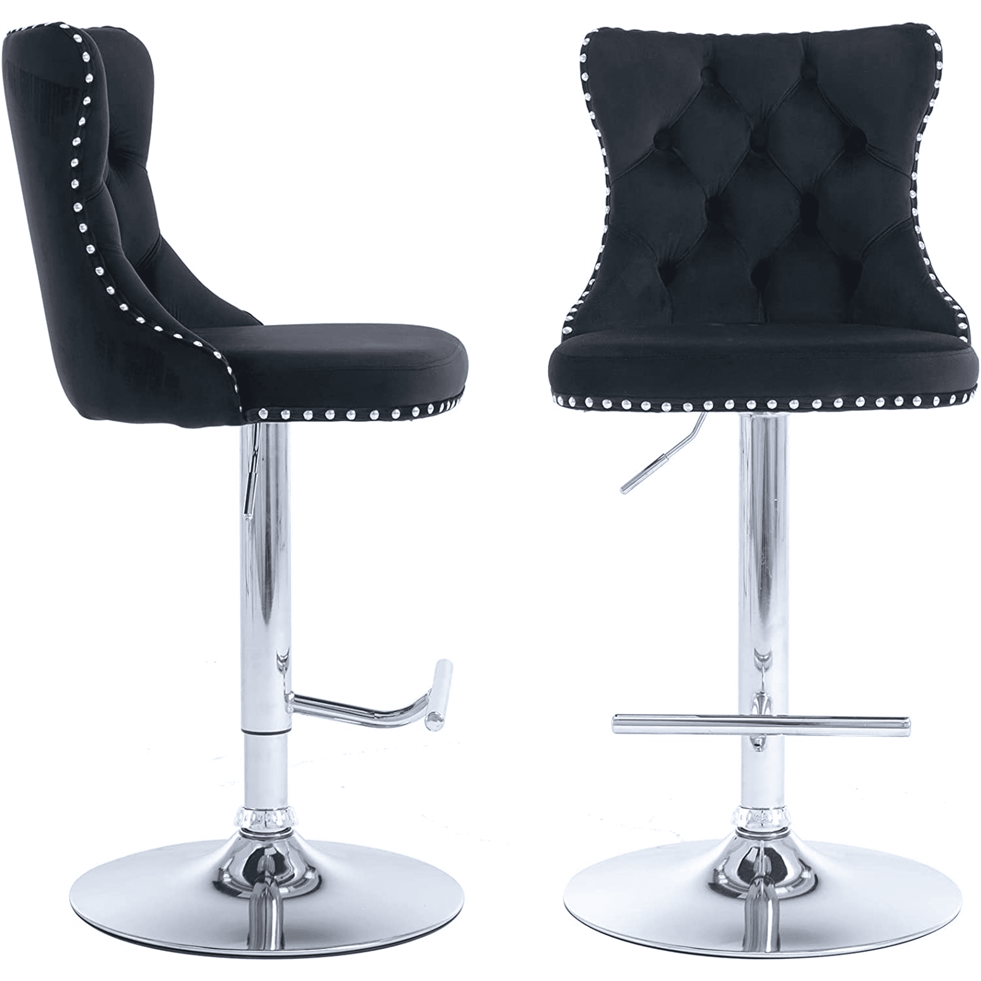 Bar Stools with Back Set of 2, PAPROOS Swivel 25-33''Adjustable Bar Stools Set, Velvet Upholstered Counter & Bar Height Bar Stools with Button Tufted & Nail Trim for Kitchen Island, Black & Silver