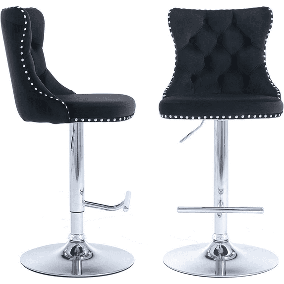 Swivel Bar Stools Set of 2, Paproos Adjustable Height Counter Height Bar Stools with Back, Velvet Dining Chair with Button Tufted & Nail Trim, Kitchen Chair for Kitchen Island Pub, Black & Silver