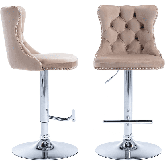Swivel Bar Stools Set of 2, Paproos Adjustable Height Counter Height Bar Stools with Back, Velvet Dining Chair with Button Tufted & Nail Trim, Kitchen Chair for Kitchen Island Pub, Khaki