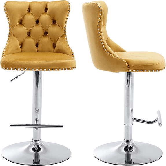 Swivel Bar Stools Set of 2, Paproos Adjustable Height Counter Height Bar Stools with Back, Velvet Dining Chair with Button Tufted & Nail Trim, Kitchen Chair for Kitchen Island Pub, Gold & Silver
