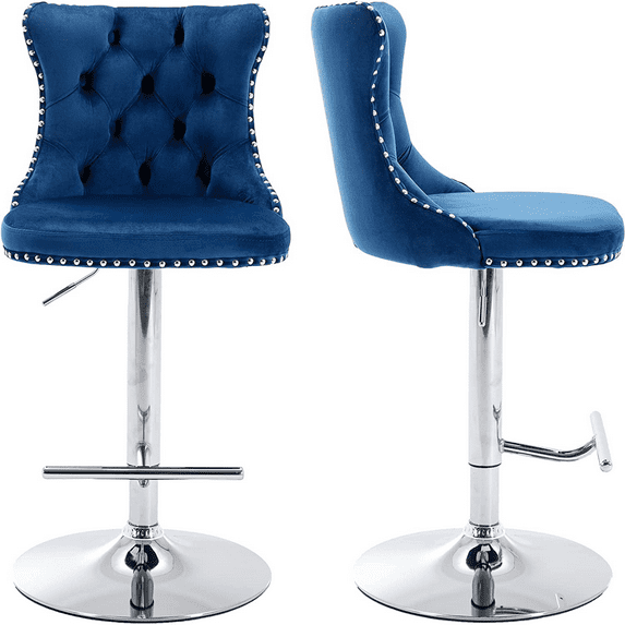 Swivel Bar Stools Set of 2, Paproos Adjustable Height Counter Height Bar Stools with Back, Velvet Dining Chair with Button Tufted & Nail Trim, Kitchen Chair for Kitchen Island Pub, Blue & Silver
