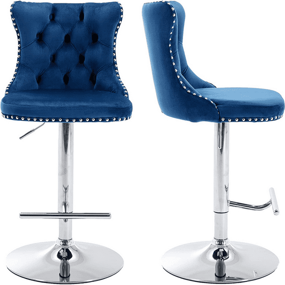 Swivel Bar Stools Set of 2, Paproos Adjustable Height Counter Height Bar Stools with Back, Velvet Dining Chair with Button Tufted & Nail Trim, Kitchen Chair for Kitchen Island Pub, Blue & Silver