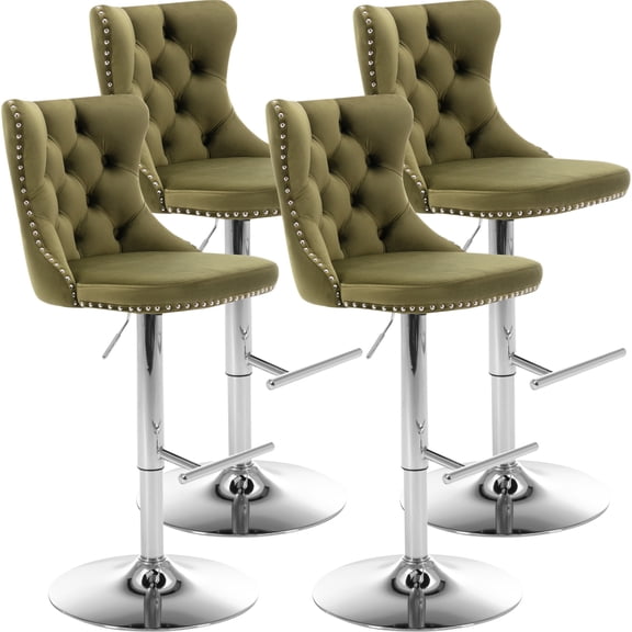 Paproos Bar Stools Set of 4, 360° Velvet Swivel Barstools with Tufted Backrest, Chrome Base, Adjustable Seat Height from 25" - 33", Counter Height Bar Chairs for Home Pub, Kitchen Island, Olive-Green