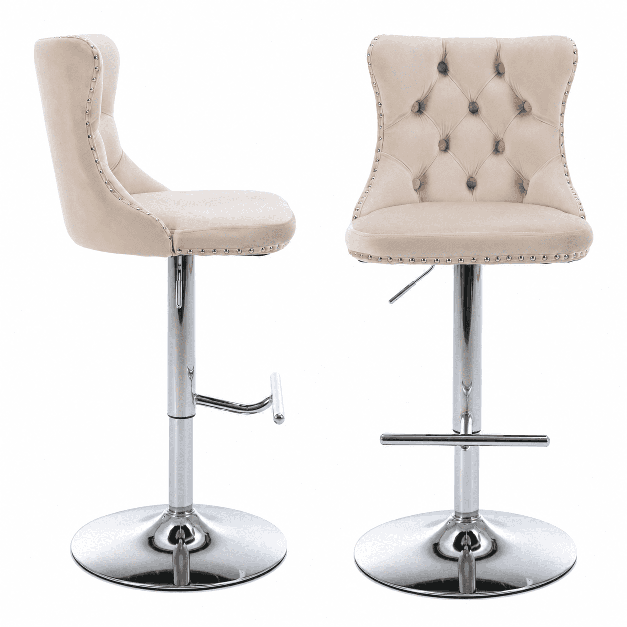 Bar Stools with Back Set of 2, PAPROOS Swivel 25-33''Adjustable Bar Stools Set, Velvet Upholstered Counter & Bar Height Bar Stools with Button Tufted & Nail Trim for Kitchen Island, Beige & Silver