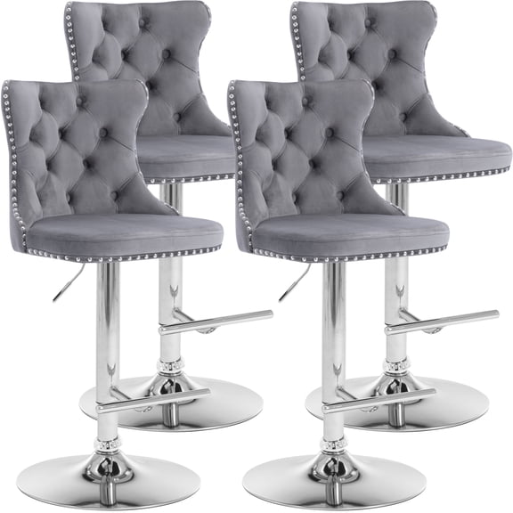 PAPROOS Bar Stools Set of 4, 360°Velvet Swivel Barstools with Backs, Chrome Base, Adjustable Seat Height from 25-33 inch, Counter Height Bar Chairs for Kitchen Island, Home Bar, Gray