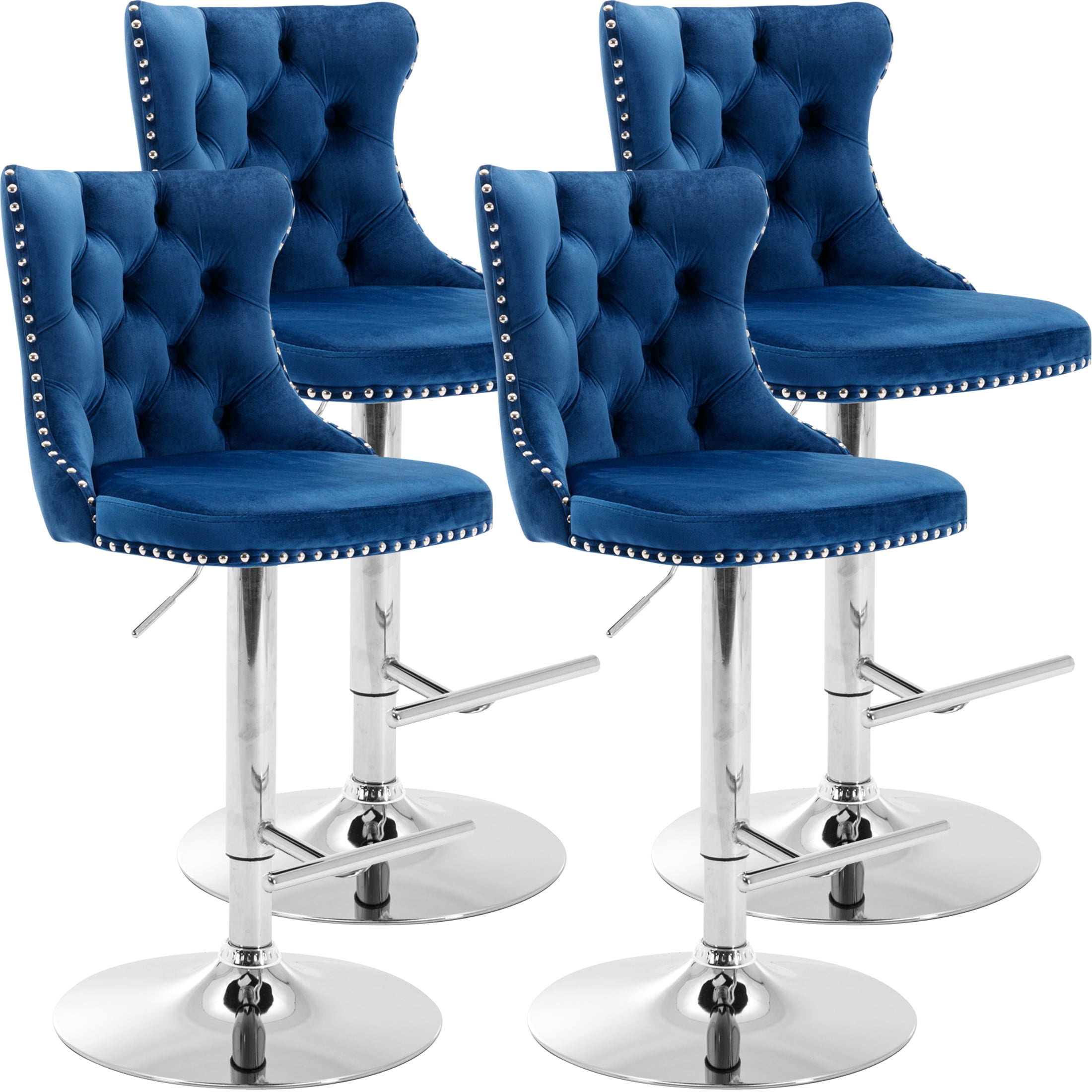 PAPROOS Bar Stools Set of 4, 360°Velvet Swivel Barstools with Backs, Chrome Base, Adjustable Seat Height from 25-33 inch, Counter Height Bar Chairs for Kitchen Island, Home Bar, Blue