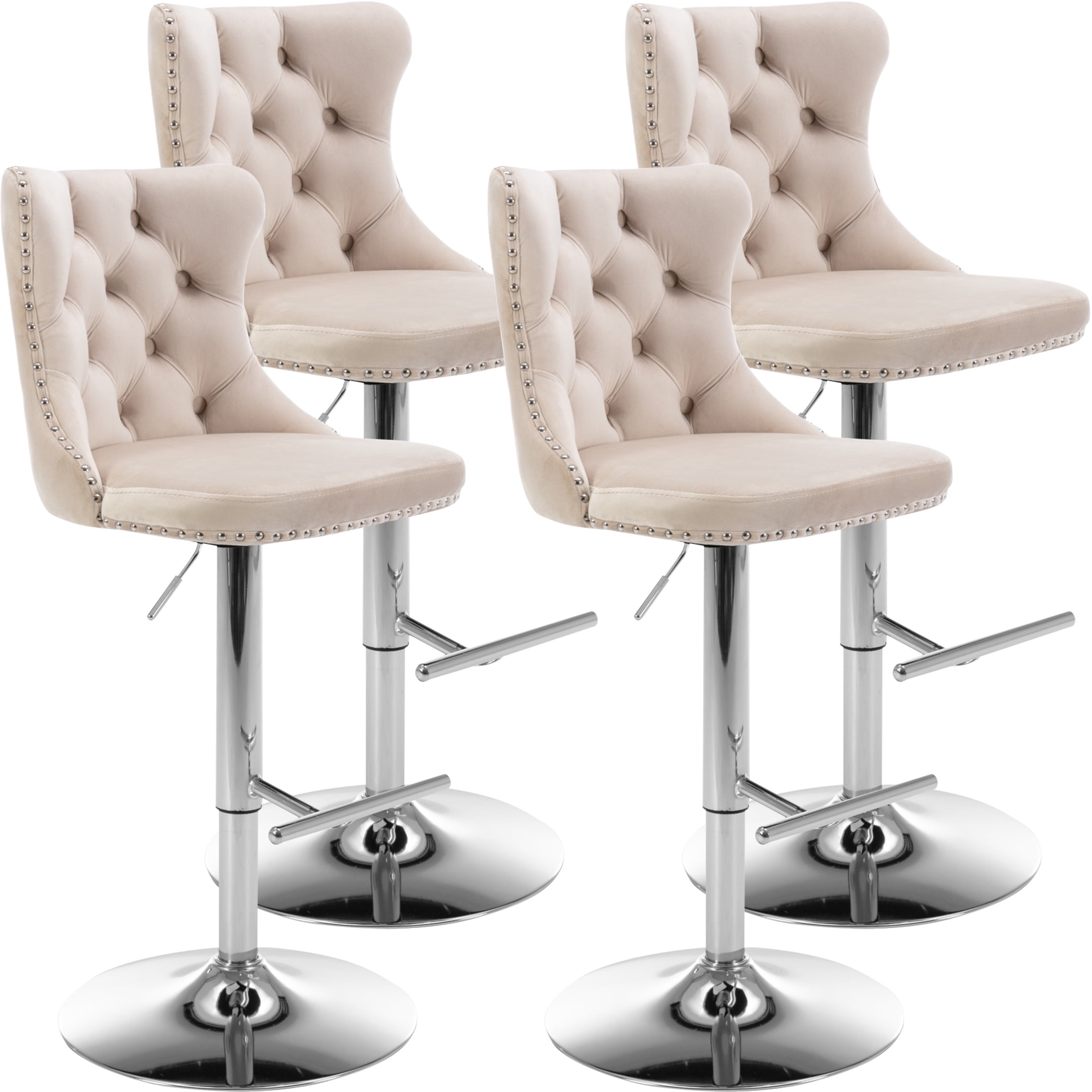 PAPROOS Bar Stools Set of 4, 360°Velvet Swivel Barstools with Backs, Chrome Base, Adjustable Seat Height from 25-33 inch, Counter Height Bar Chairs for Kitchen Island, Home Bar, Beige