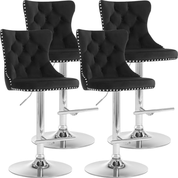 PAPROOS Bar Stools Set of 4, 360°Velvet Swivel Barstools with Backs, Chrome Base, Adjustable Seat Height from 25-33 inch, Counter Height Bar Chairs for Kitchen Island, Home Bar, Black
