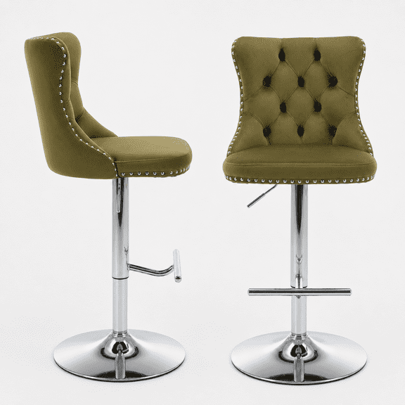 Bar Stools Set of 2, PAPROOS Swivel 25-33''Adjustable Height Bar Stools with Back, Olive Green Velvet Upholstered Counter & Bar Height Bar Stools with Button Tufted & Nail Trim for Kitchen Island