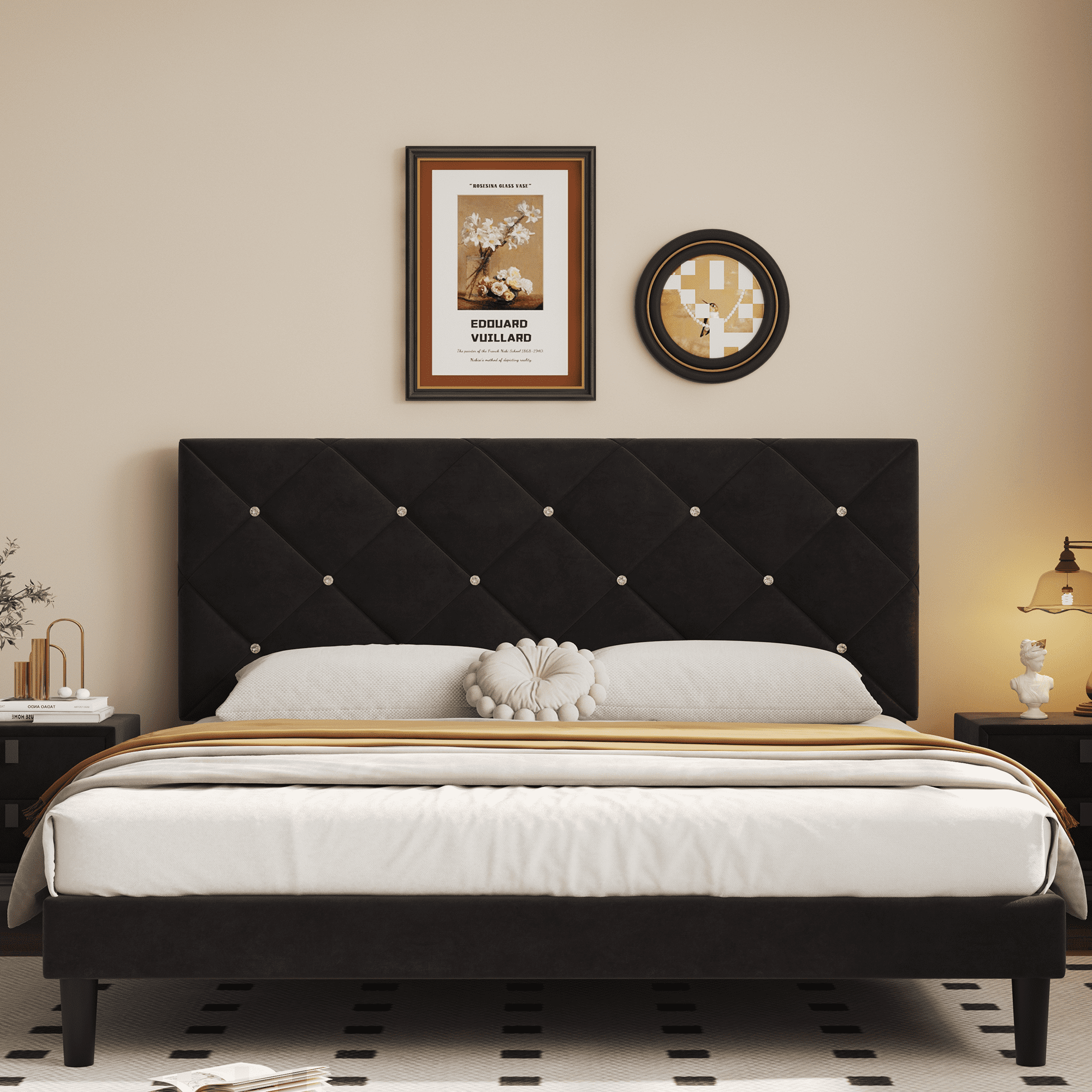 Sesslife Black Platform Bed Frame, Full Size Upholstered Platform with ...