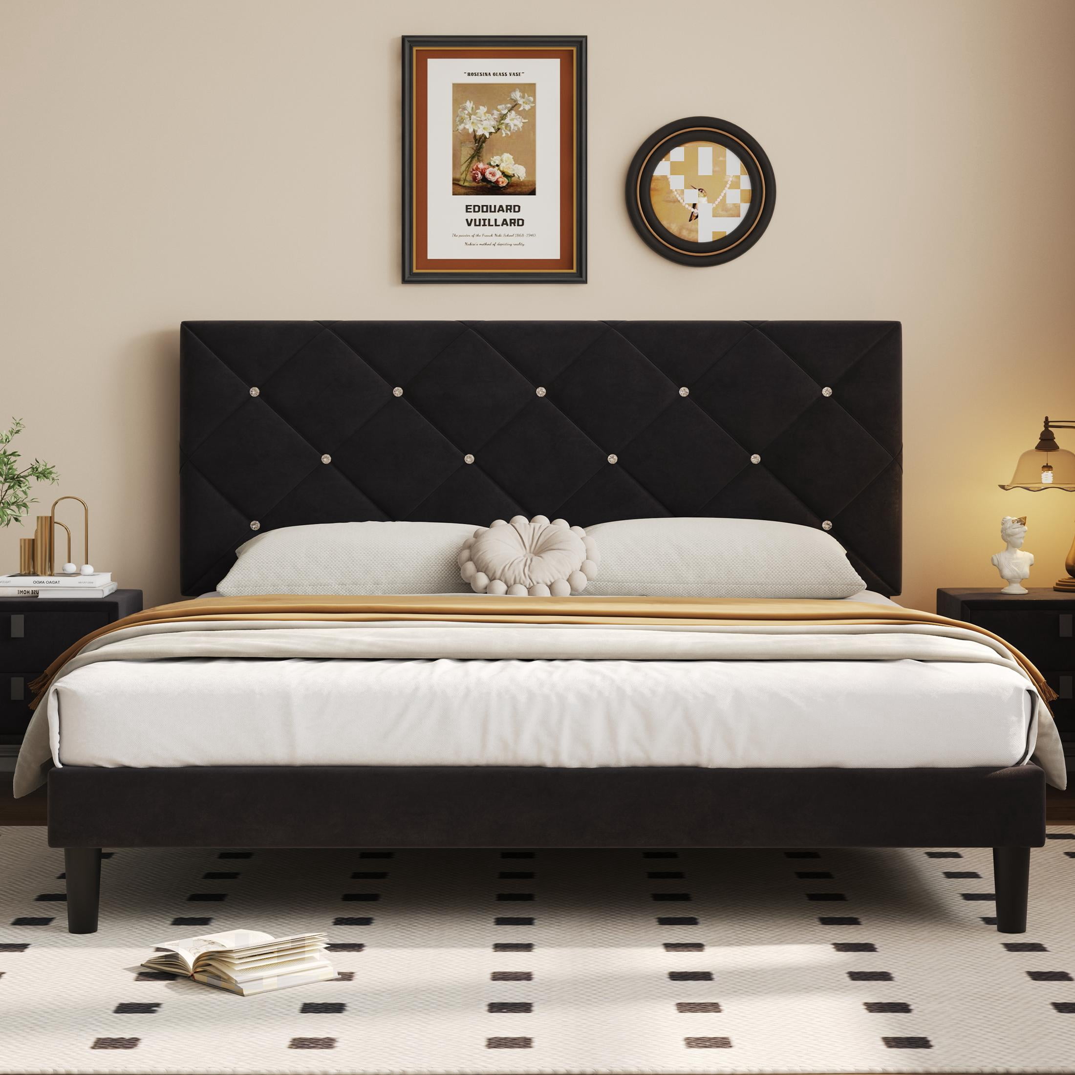 UHOMEPRO Full Bed Frame,  Black Platform Bed Frame with Velvet Upholstered Headboard, No Box Spring Needed, Easy Assembly