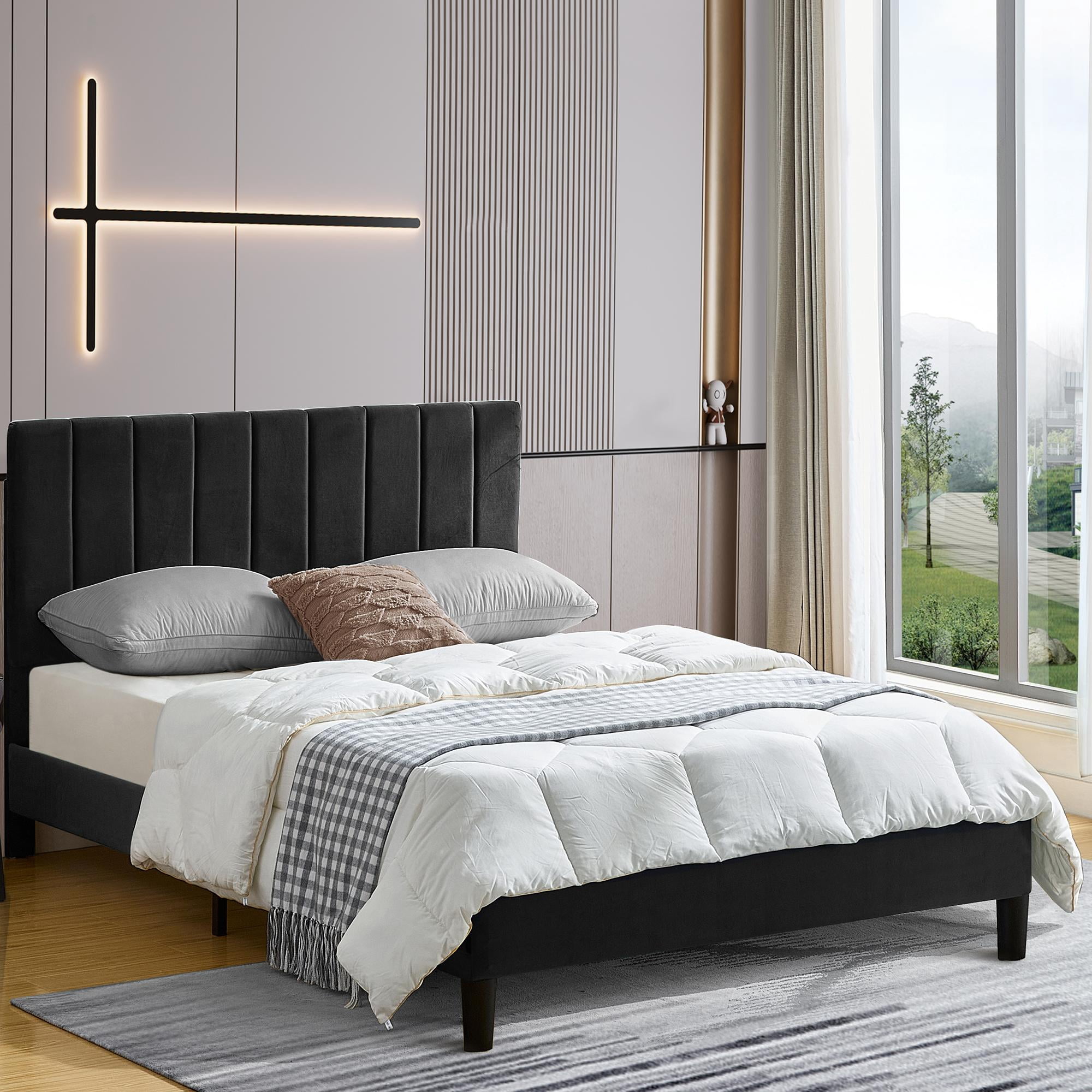 Sesslife Black Platform Bed Frame, Full Upholstered Bed Frame with ...