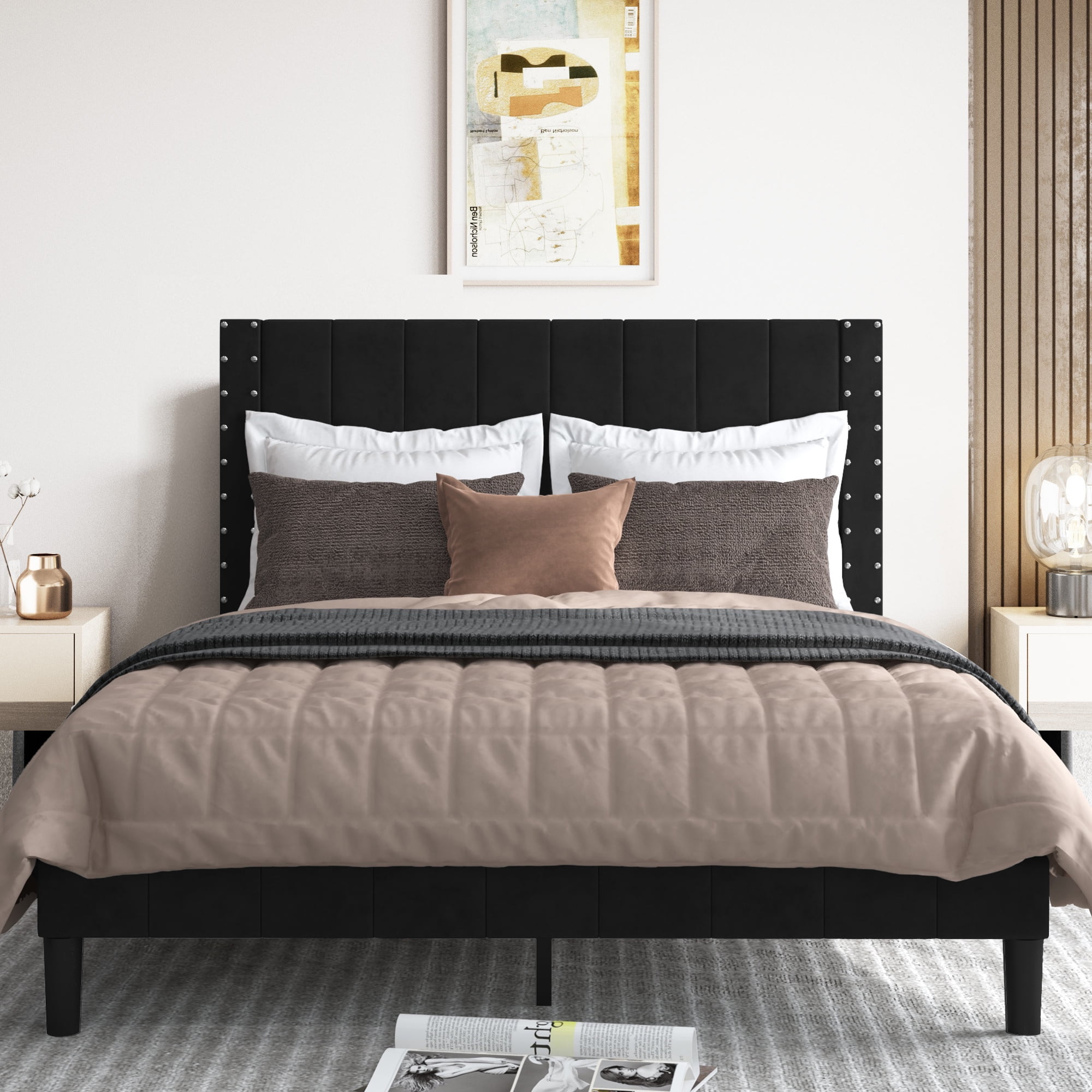 Sesslife Black Platform Bed Frame, Queen Size Upholstered Platform with