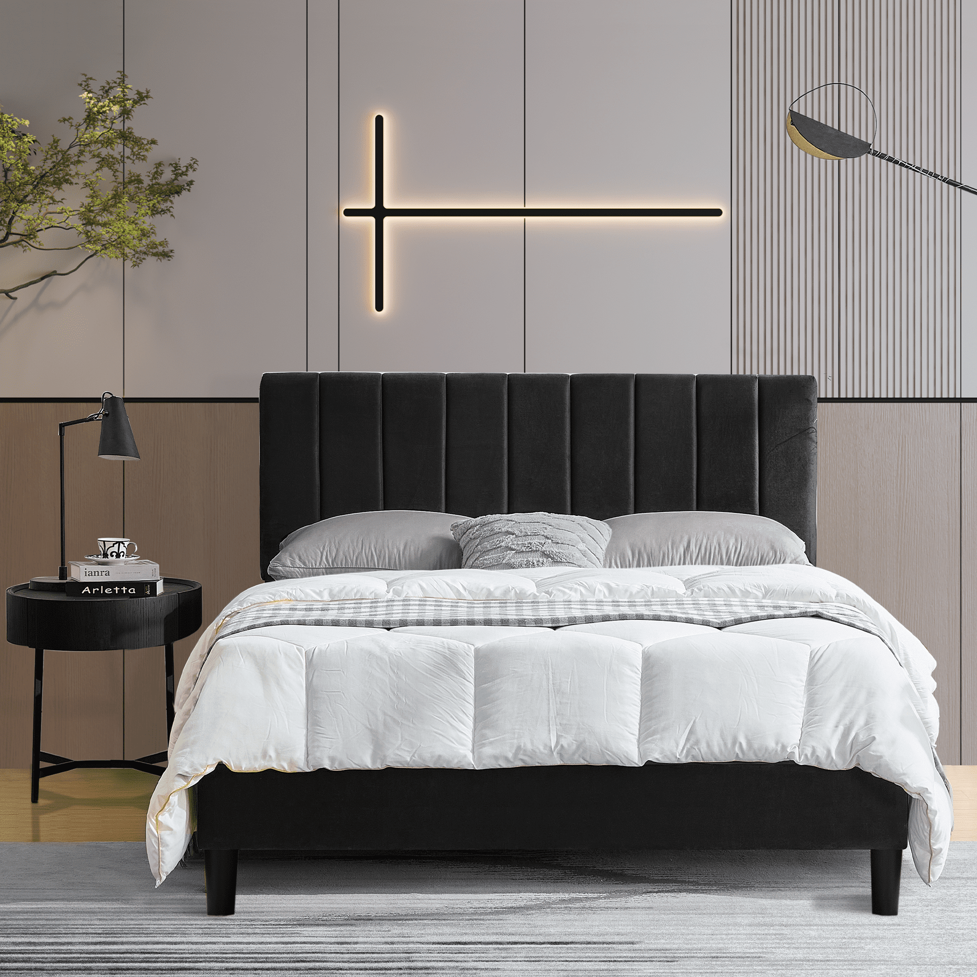 Sesslife Black Platform Bed Frame, Queen Upholstered Bed Frame with ...