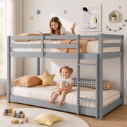Solid Wood Low Bunk Bed for Boys Girls, Sesslife Twin Over Twin Bunk Bed with Guardrails & Ladder, Non-Toxic Finish, No Box Spring Needed, Easy Assembly, Gray
