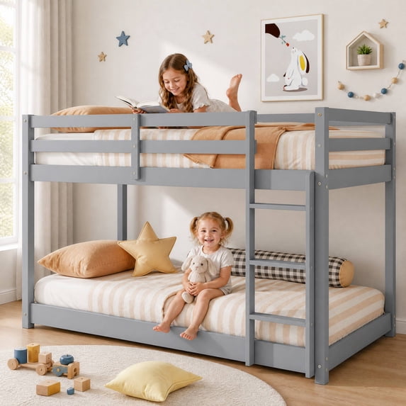 Solid Wood Low Bunk Bed for Boys Girls, Sesslife Twin Over Twin Bunk Bed with Guardrails & Ladder, Non-Toxic Finish, No Box Spring Needed, Easy Assembly, Gray