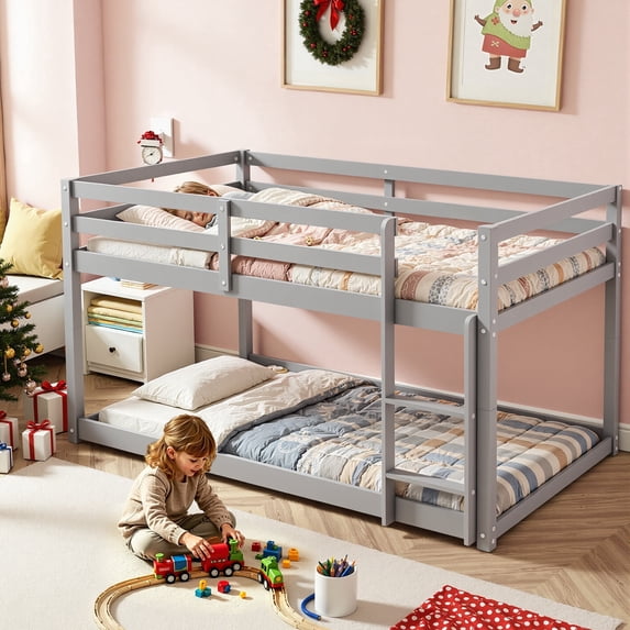 Twin over Twin Bunk Bed, Sesslife Low Floor Wood Bunk Bed Frame with Guardrails and Ladder, Space Saving Bunk Bed for Bedroom, No Box Spring Needed, Gray