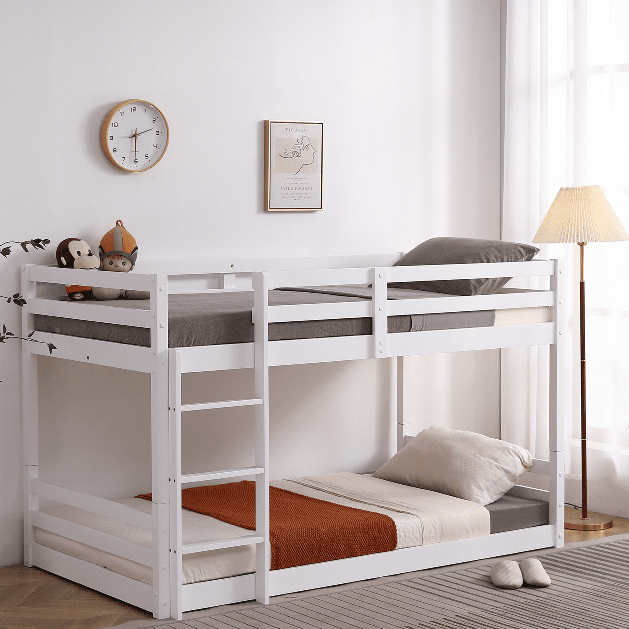 Sesslife Bunk Bed Twin Over Twin, Kids Low Floor Bunk Bed with Guard ...