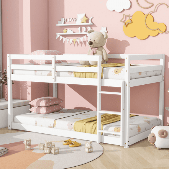 Sesslife Twin Over Twin Low Floor Bunk Bed for Kids with Guard Rails ...