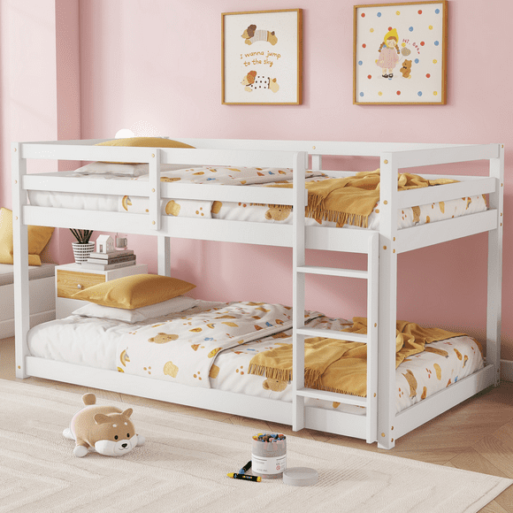 SESSLIFE Bunk Bed Twin Over Twin, Kids Low Floor Bunk Bed with Guard Rails for Boys Girls(White)
