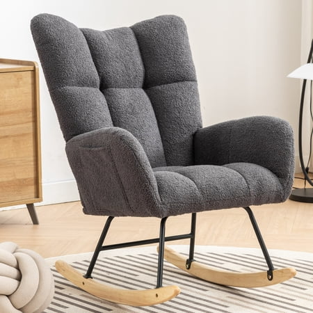 Sesslife Comfy Rocking Chair for Nursery, Glider Chair with High Backrest, Armrests & Upholstered Pad, Bedroom Nursery Rocker Chair for Baby & Kids, Gray