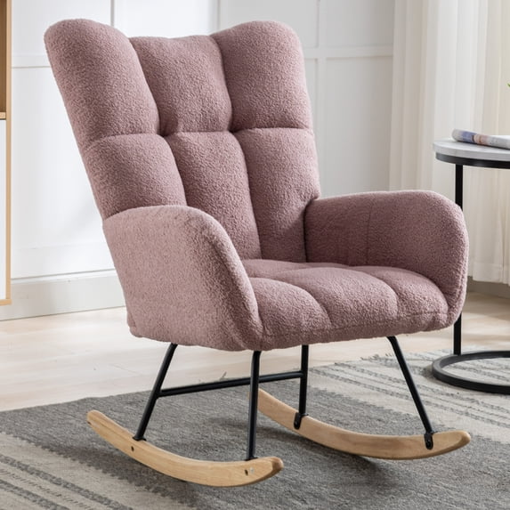 Sesslife Comfy Rocking Chair for Nursery, Glider Chair with High Backrest, Armrests & Upholstered Pad, Bedroom Nursery Rocker Chair for Baby & Kids, Pink