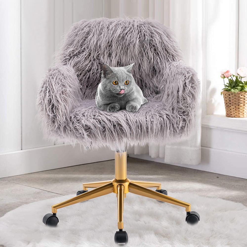 Cute Fluffy Desk Chair for Girls Women, Soft Faux Fur Home Office Chair,  Height Adjustable Accent Armchair with Silver Base, 360° Swivel Makeup  Vanity