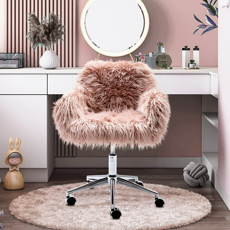Desk Chair Faux Fur Stool With Wheels Modern Fluffy Faux Fur