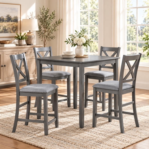 SESSLIFE Dining Table Set for 4, Counter Height Kitchen Table Set with Square Table and 4 Upholstered Chairs, Solid Wood Dining Room Set for 4, Space-Saving, Gray