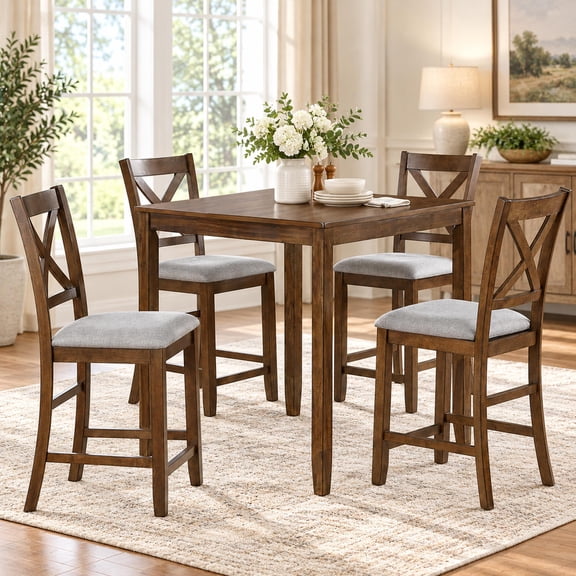 SESSLIFE Dining Table Set for 4, Counter Height Kitchen Table Set with Square Table and 4 Upholstered Chairs, Solid Wood Dining Room Set for 4, Space-Saving, Walnut