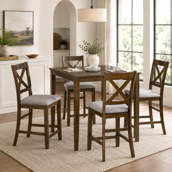 SESSLIFE Dining Table Set for 4, Counter Height Kitchen Table Set with Square Table and 4 Upholstered Chairs, Solid Wood Dining Room Set for 4, Space-Saving, Walnut