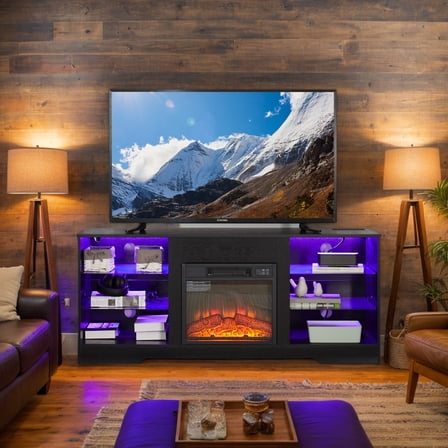 Sesslife Fireplace TV Stand for 65" TVs, Farmhouse TV Console Table with 2 Sliding Barn Doors, Entertainment Center TV Cabinet with 23" Fireplace and Adjustable Shelves, Gray Wash