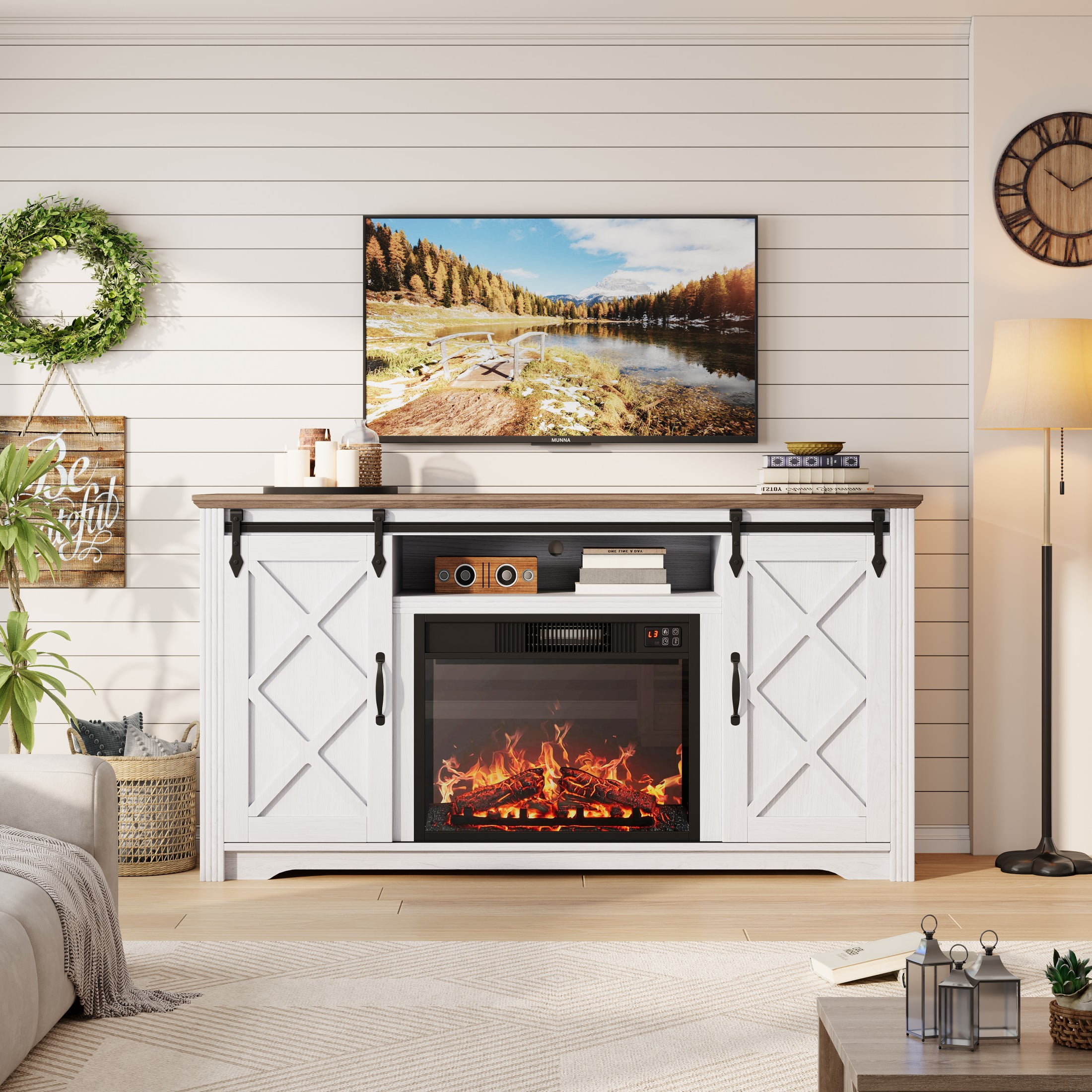 Sesslife Fireplace TV Stand with 2 Storage Drawers for 65" TVs, Farmhouse Entertainment Center Table with 2 Sliding Barn Doors and Hidden Compartments, TV Console Table for Living Room, Brown+White