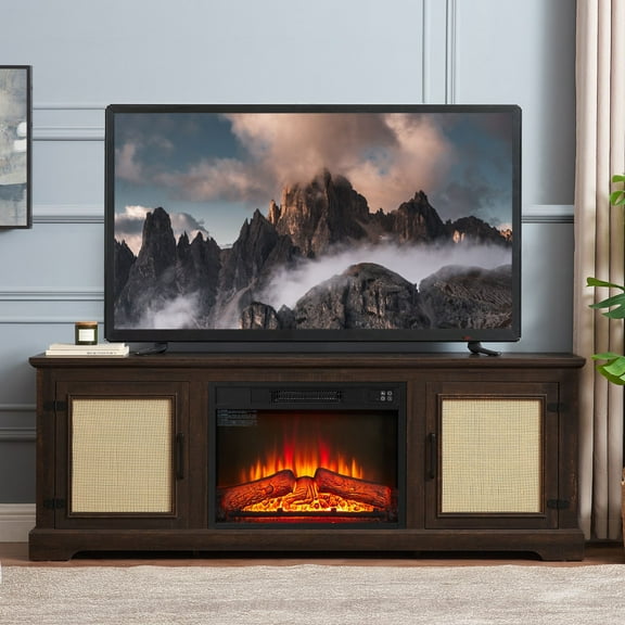 Sesslife Electric Fireplace TV Stand for 80 Inch TV, TV Console with 2 Storage Cabinets and 2 Rattan Doors, Farmhouse Media Entertainment Center Television Table for Living Room Bedroom, Cherry