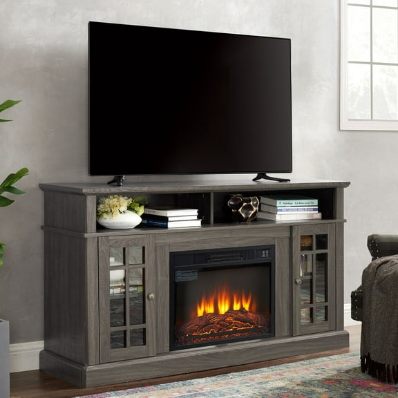 Sesslife Electric Fireplace TV Stand with Remote Control for 65 Inch TV, Farmhouse TV Console Table with Open Storage Shelves & 2 Cabinets, Wooden Media Entertainment Center for Living Room, Walnut