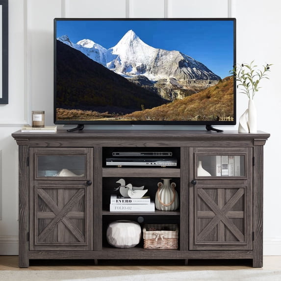 Sesslife Farmhouse TV Stand with Adjustable Shelves and 2 Storage Cabinets for 65 inch TVs, Rustic Entertainment Center with Double Barn Doors, TV Media Console Table with Double Rustic Doors, Gray