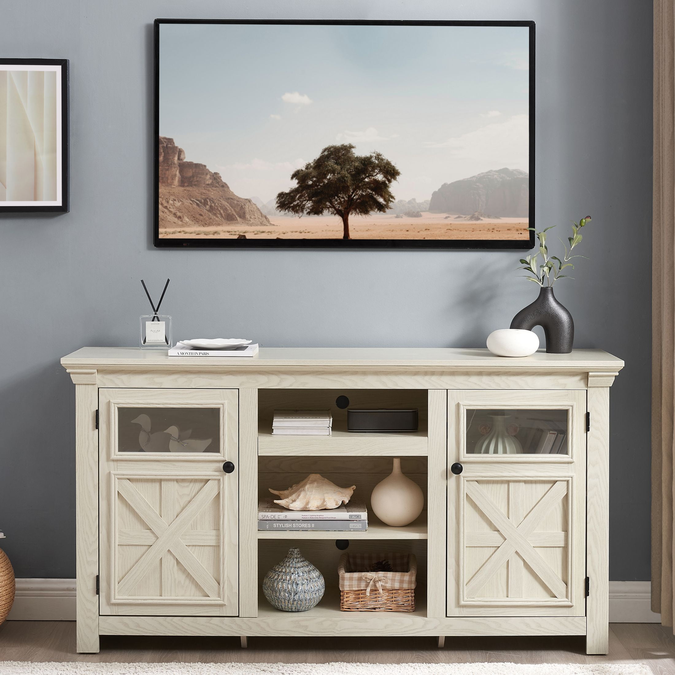 White Farmhouse TV Stand with Adjustable Shelves and Cabinets