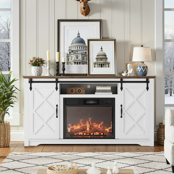 PAPROOS Fireplace TV Stand for TVs up to 65 Inch, Farmhouse Entertainment Center with 23" Fireplace, Sliding Barn Doors, 2 Storage Drawers, Adjustable Shelves, TV Console for Living Room, White+Brown