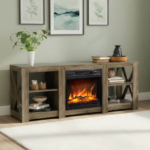 Sesslife Fireplace TV Stand for 65 Inch TVs, Modern TV Console Table with 18" Electric Fireplace, Wood Entertainment Center with Open Storage Space and Adjustable Shelves for Living Room, Gray