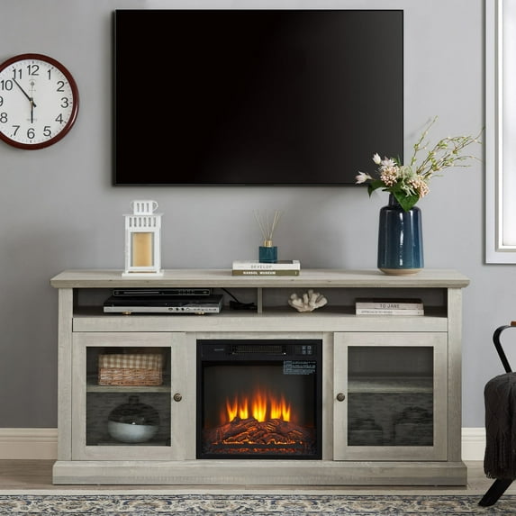 Sesslife Fireplace TV Stand for 65" TV, Farmhouse TV Console Cabinet with Electric Fireplace and LED Lights, Wood Media Entertainment Center with Storage Cabinets for Living Room, Gray