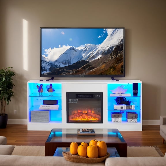 Sesslife Fireplace TV Stand for 65" TVs, Farmhouse TV Console Table with 2 Sliding Barn Doors, Entertainment Center TV Cabinet with 23" Fireplace and Adjustable Shelves, Black Gold Oak