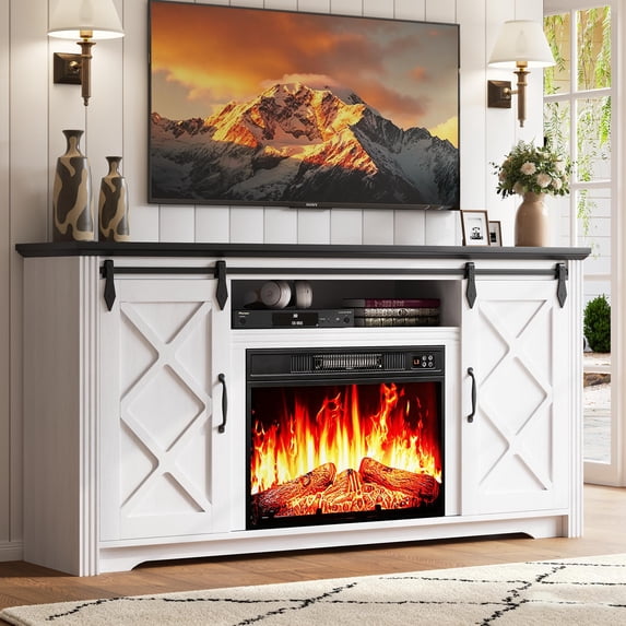 SESSLIFE Fireplace TV Stand for 65 Inch TV, 30'' Tall Farmhouse TV Stand with 2 Drawers & Sliding Barn Door, Entertainment Center with 3D Flame Electric Fireplace Heater, White+Black