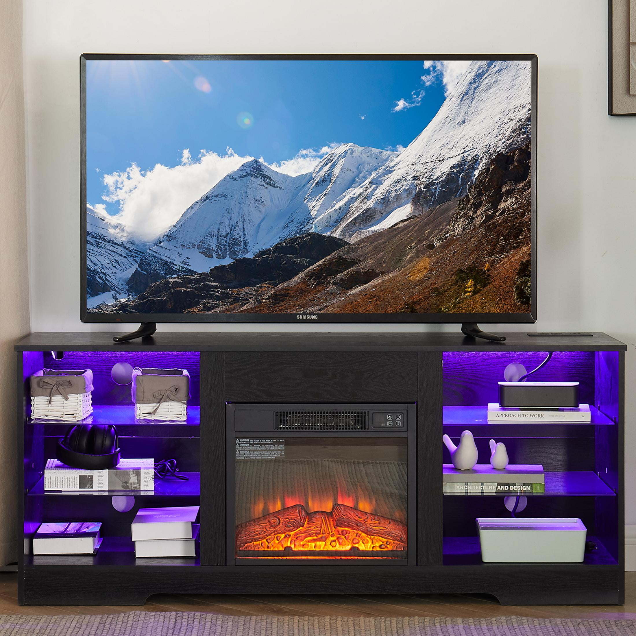 SESSLIFE Fireplace TV Stand for 65 Inch TV, Farmhouse TV Stand with Storage Shelves, Entertainment Center with 3D Flame Electric Fireplace Heater, Black