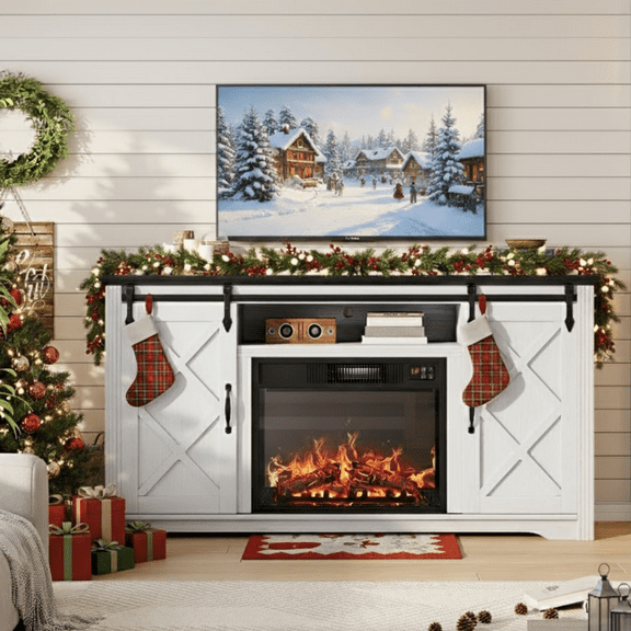 SESSLIFE Fireplace TV Stand for 65 Inch TV, 30'' Tall Farmhouse TV Stand with 2 Drawers & Sliding Barn Door, Entertainment Center with 3D Flame Electric Fireplace Heater, White+Black