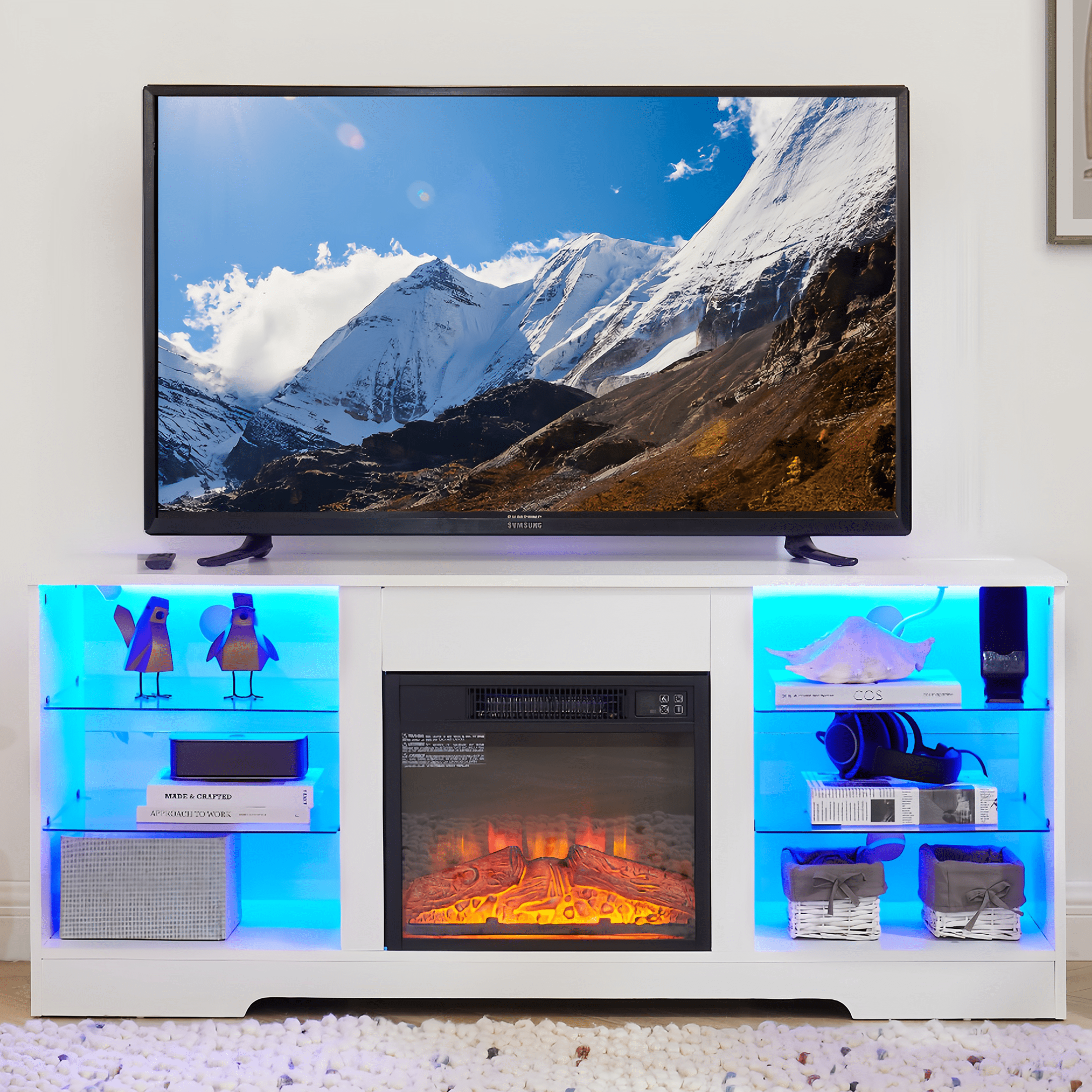 SESSLIFE Fireplace TV Stand for 65 Inch TV, Farmhouse TV Stand with Storage Shelves, Entertainment Center with 3D Flame Electric Fireplace Heater, White