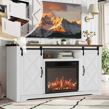 SESSLIFE Fireplace TV Stand for 65 Inch TV, 30'' Tall Farmhouse TV Stand with 2 Drawers & Sliding Barn Door, Entertainment Center with 3D Flame Electric Fireplace Heater, White+Brown