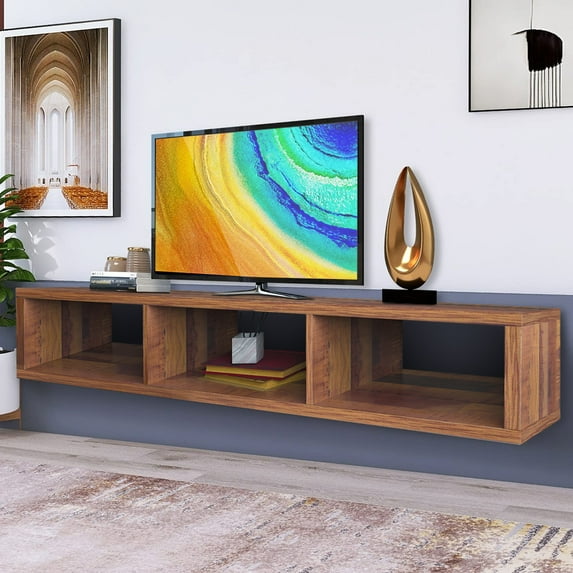 Sesslife Floating TV Shelf Wall Mounted for 65''TV, Modern Wood Wall Mounted TV Stand Entertainment Center Media Console, TV Stand with Open Compartments for Living Room, Brown